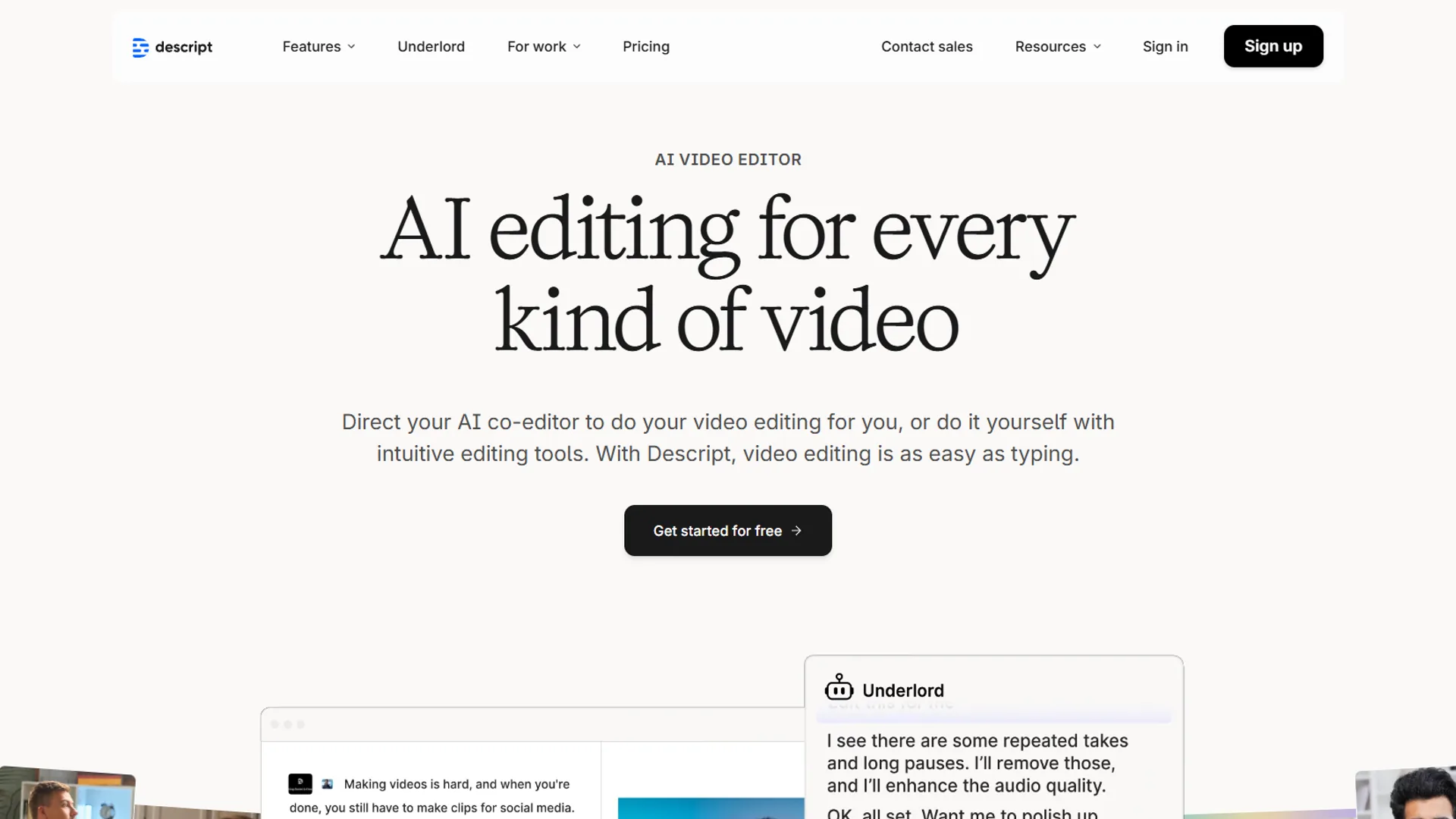 Descript homepage with AI editing for every kind of video headline and Underlord AI assistant preview