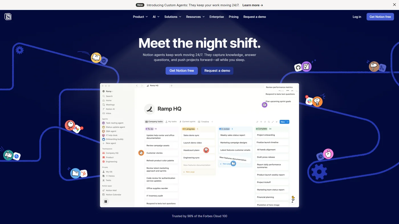Notion homepage with Meet the night shift headline, Ramp HQ project board demo, and AI agent icons