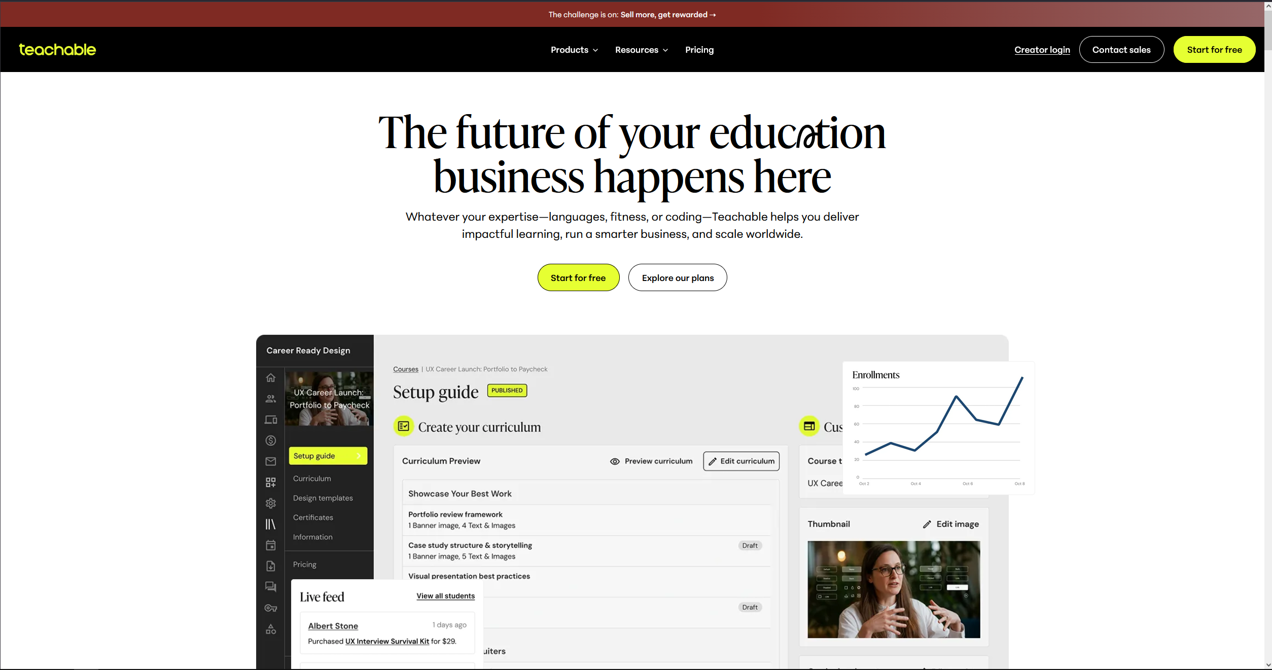 Teachable course builder interface showing drag-and-drop lesson organization and AI-powered student insights dashboard