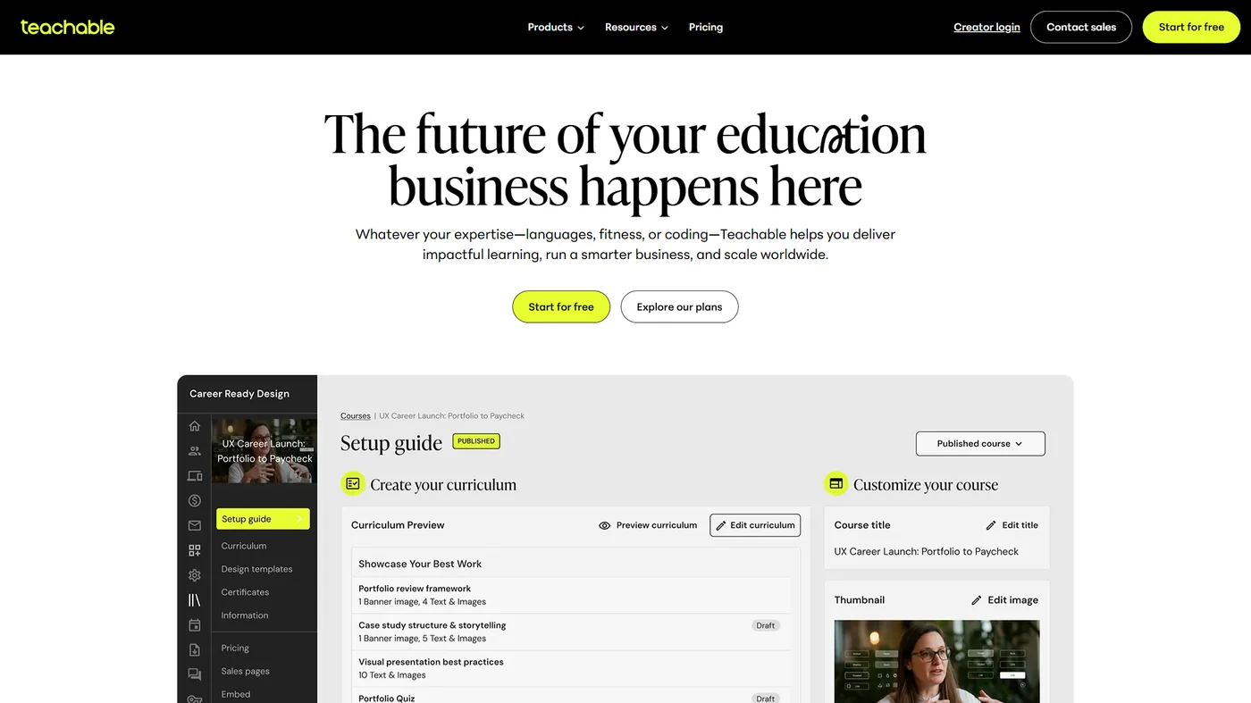 Teachable homepage showing course builder with curriculum preview, setup guide, and customization options for education businesses