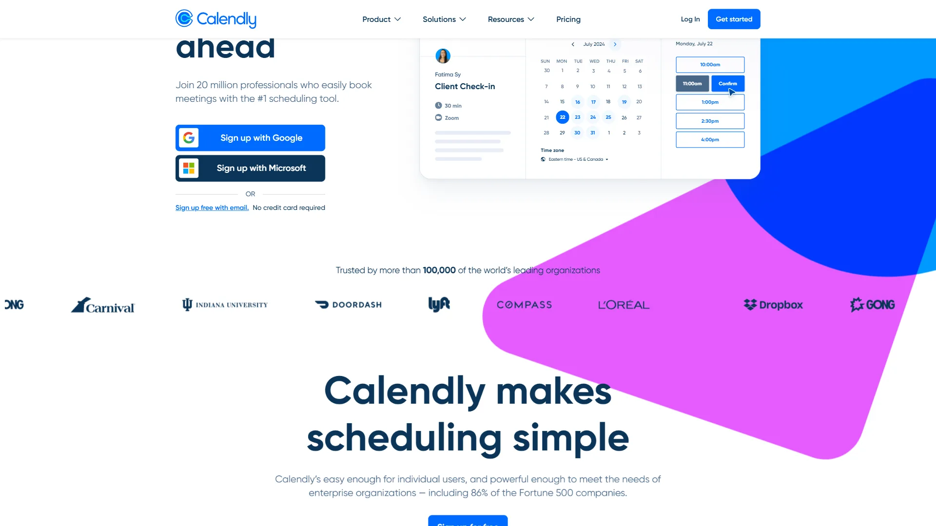 Calendly homepage with signup buttons, a Client Check-in booking widget, and trusted-by logos