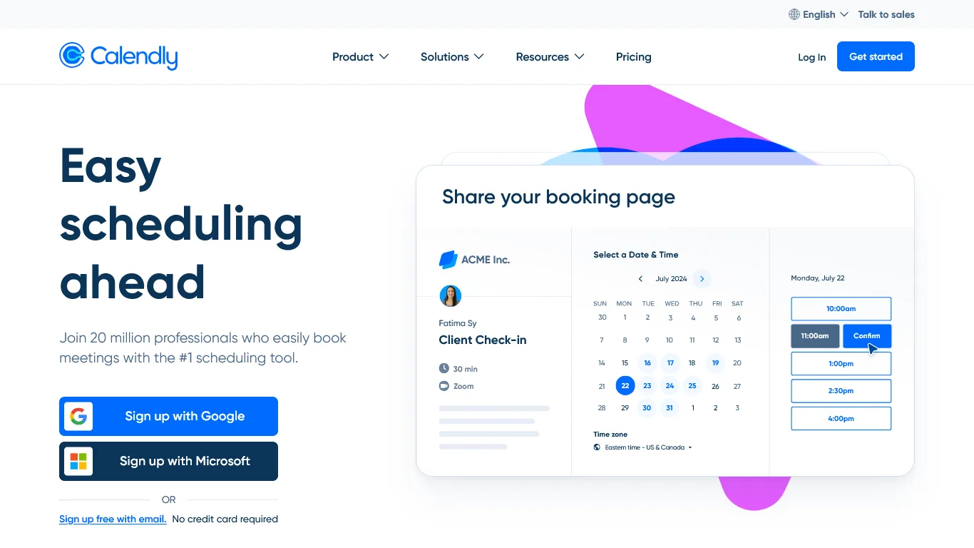 Calendly homepage with booking widget showing a Client Check-in event, calendar date picker, and time slots