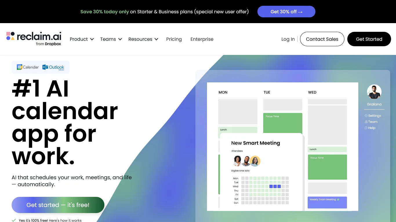 Reclaim AI homepage with #1 AI calendar app headline, weekly calendar with focus time and Smart Meeting