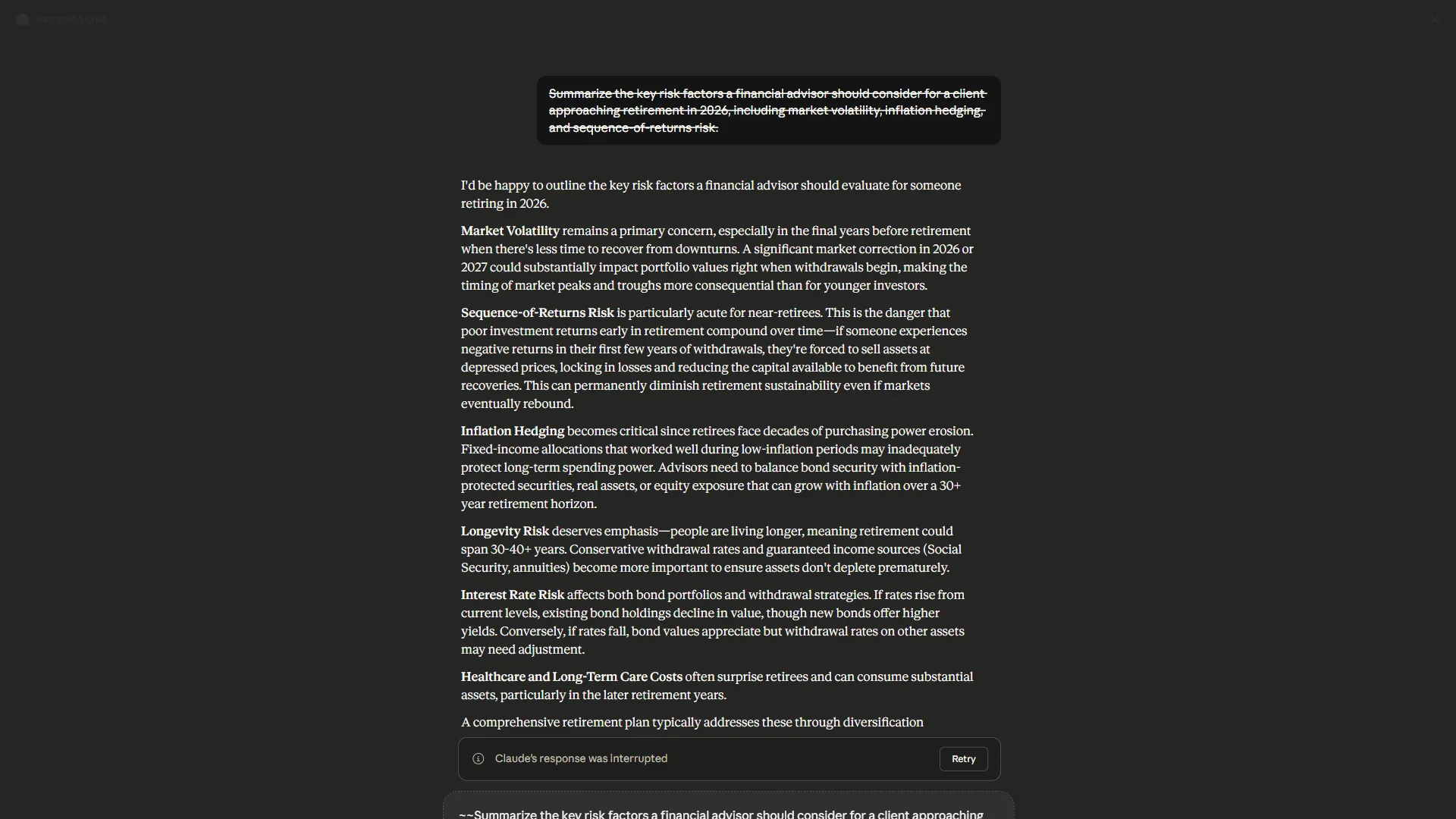 Claude AI interface showing conversation capabilities for financial research and analysis