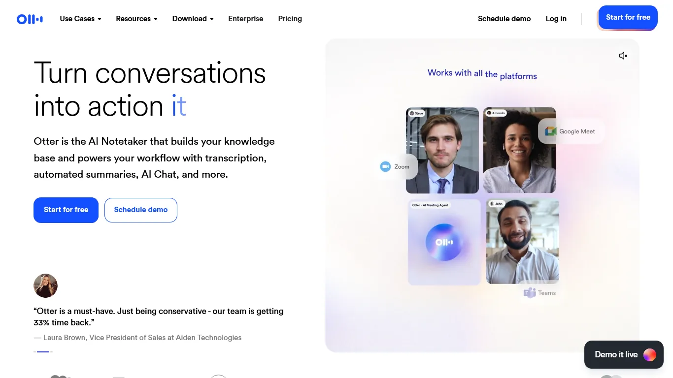 Otter.ai meeting transcription interface showing real-time transcript and speaker identification