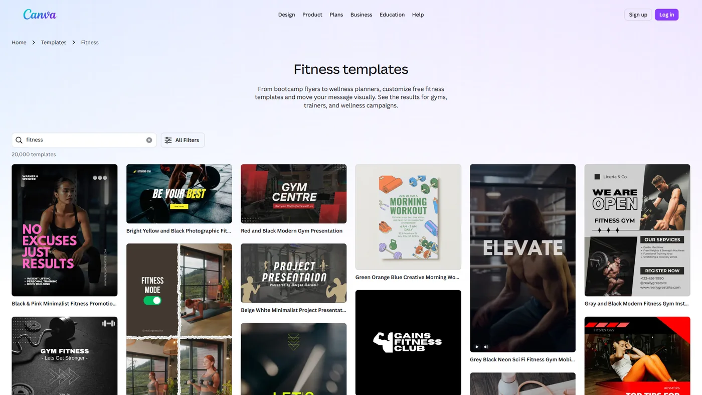 Canva design interface showing fitness marketing templates and workout graphics