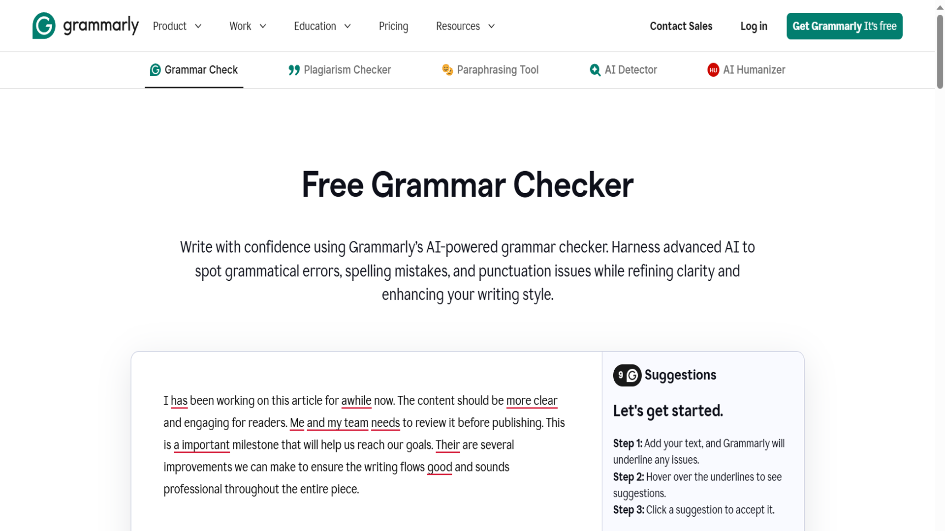 Grammarly editor interface showing grammar, clarity, and tone suggestions on a draft article