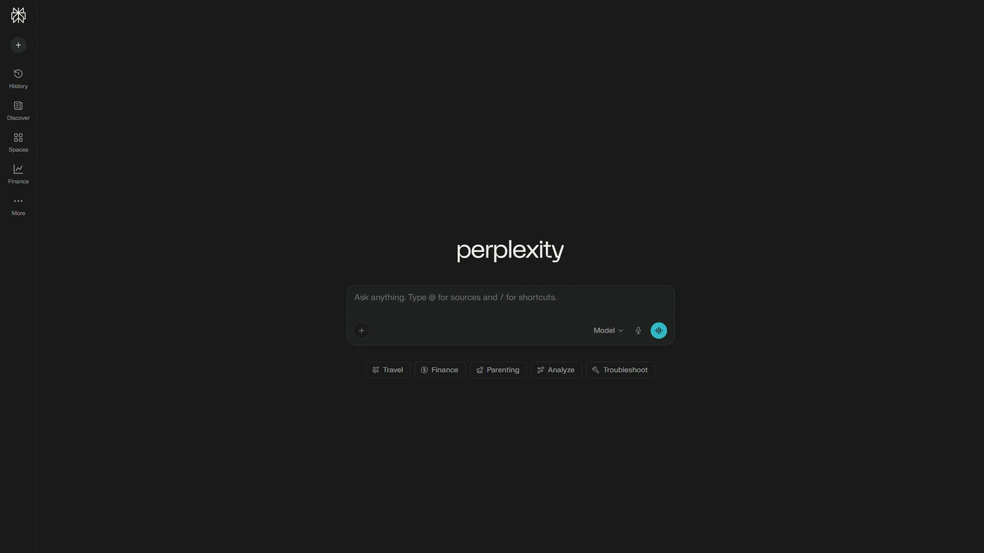 Perplexity home screen with an empty search bar and topic shortcuts for Travel, Finance, Parenting, Analyze, and Troubleshoot