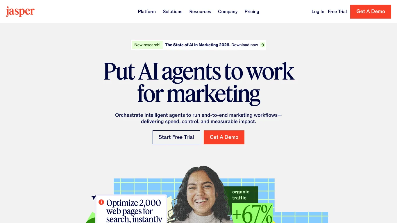 Jasper homepage with headline Put AI agents to work for marketing and Start Free Trial and Get A Demo buttons
