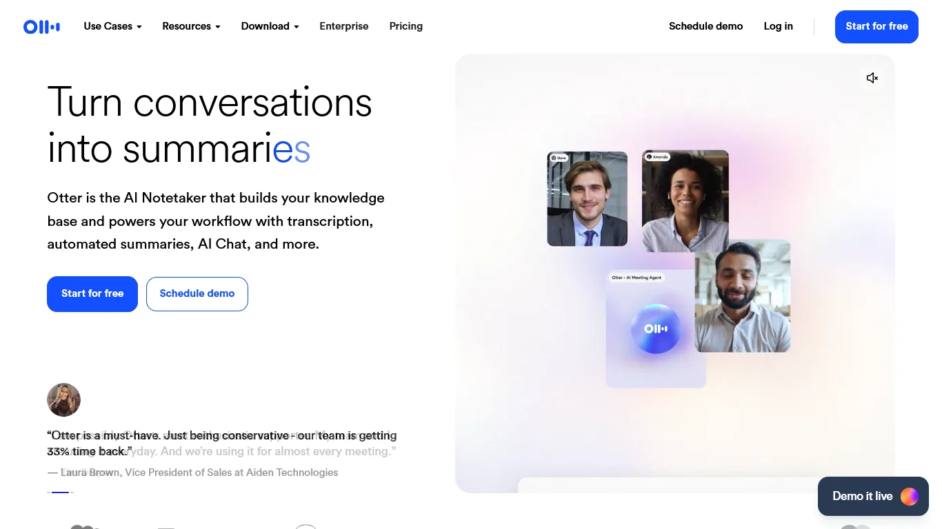 Otter.ai homepage with headline Turn conversations into summaries and a video call preview showing three participants