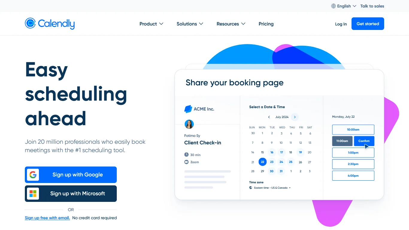 Calendly homepage with Easy scheduling ahead headline and a sample Client Check-in booking page showing available time slots