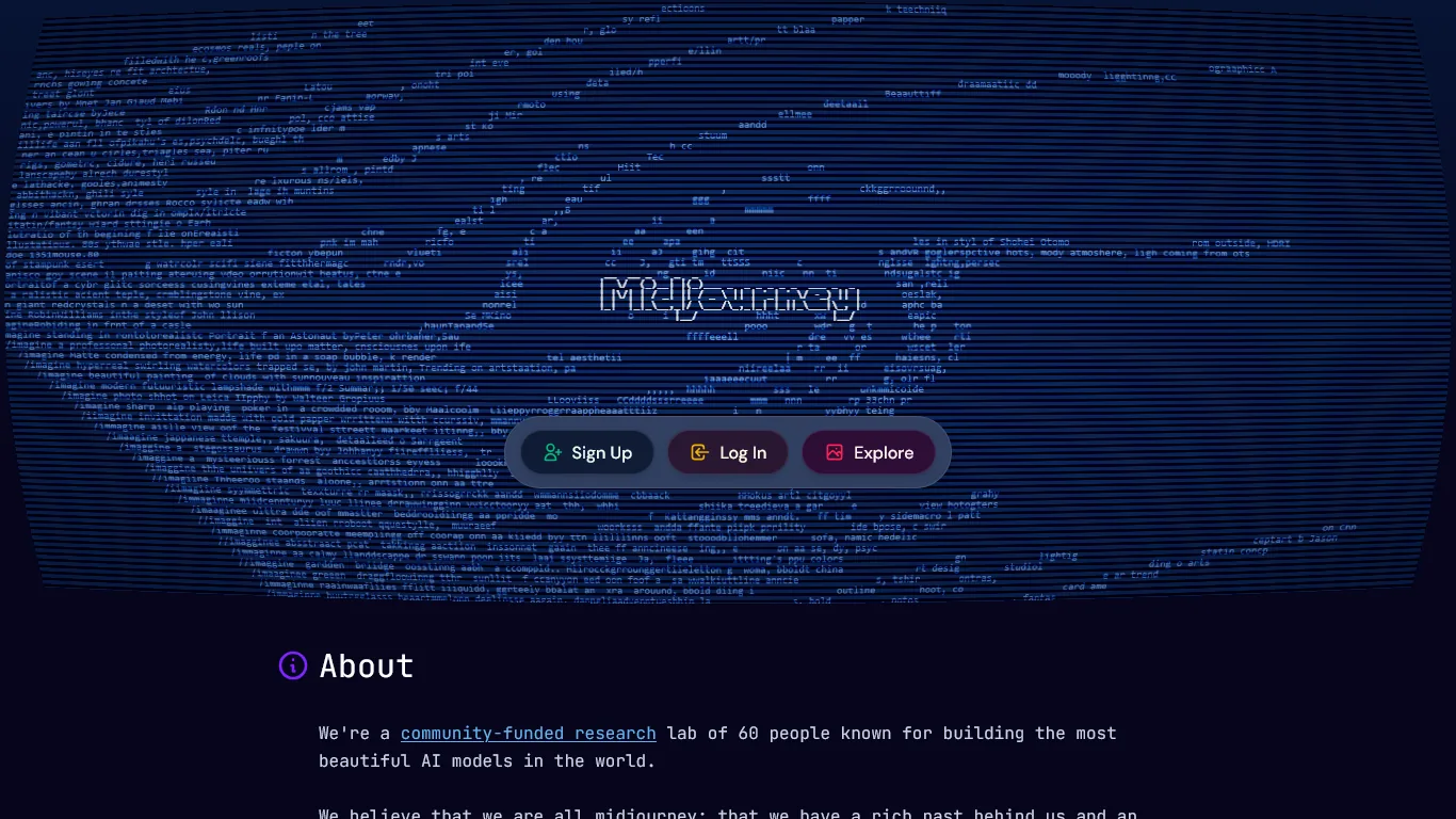Midjourney homepage showing AI image generation capabilities