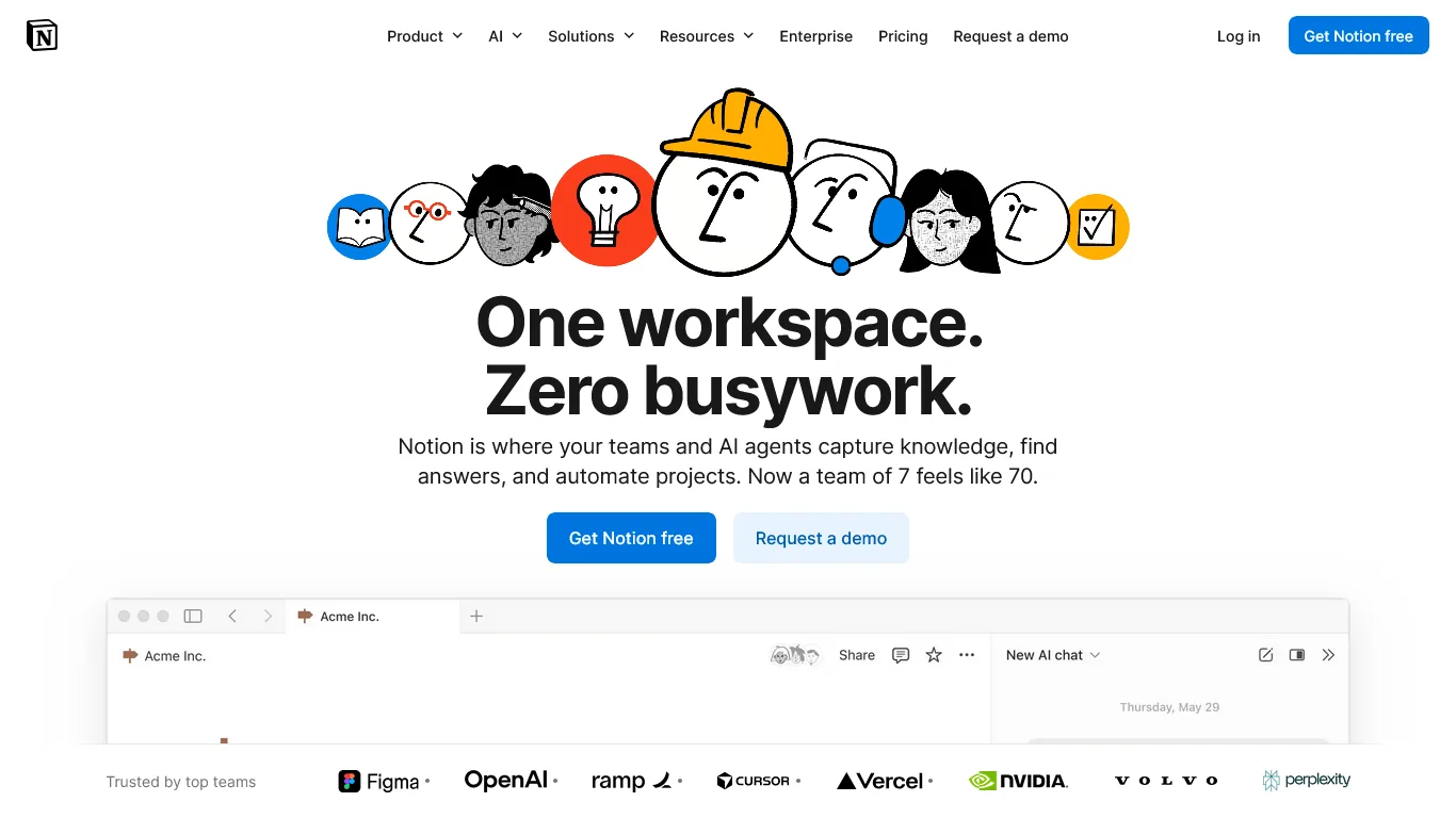 Notion homepage hero with illustrated characters and One workspace Zero busywork tagline