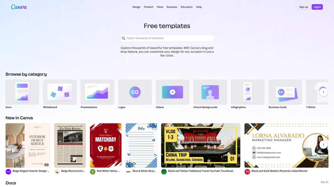 Canva free templates page with category filters and mixed templates including interior design and sports