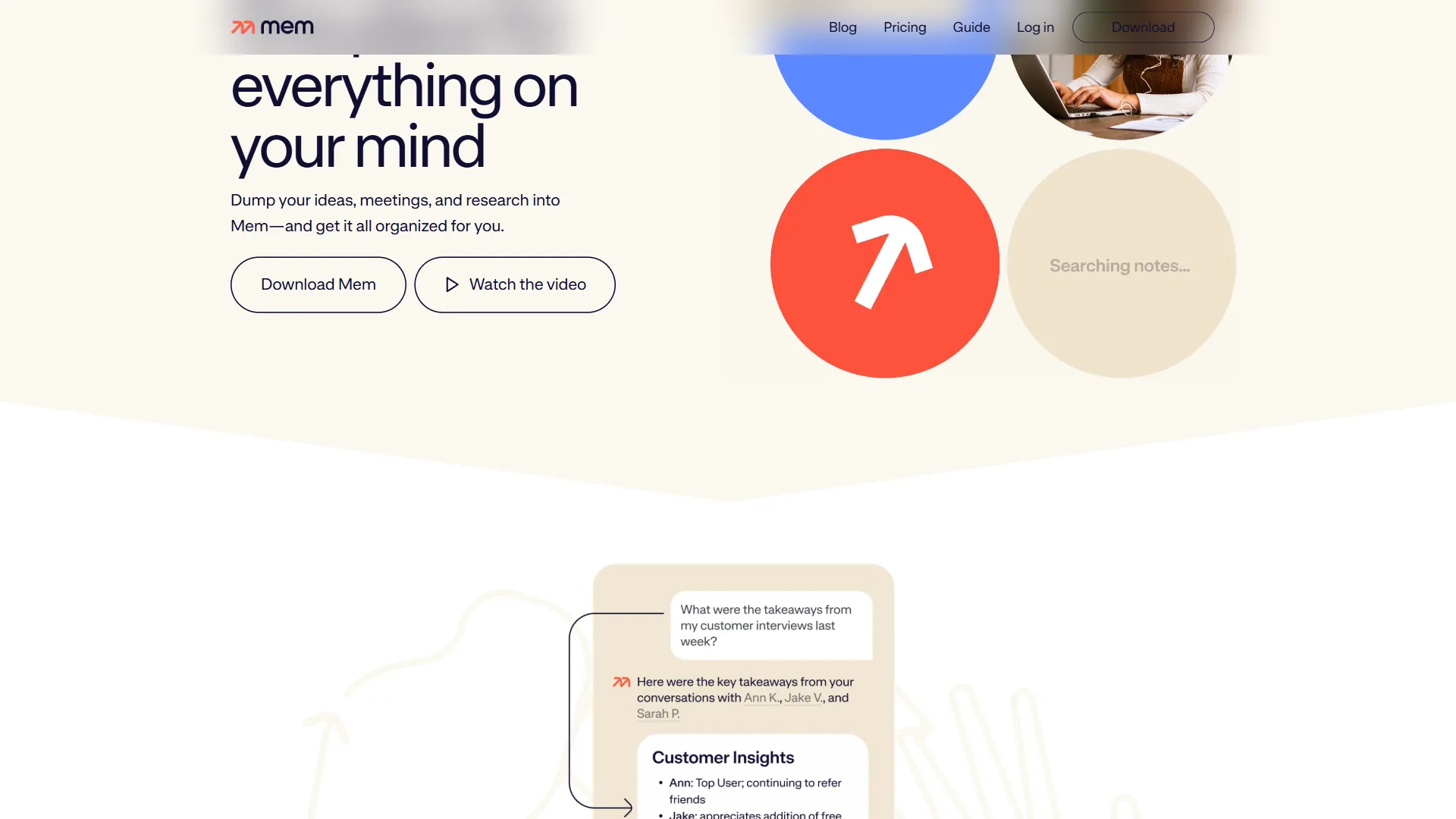 Mem AI note-taking interface showing AI-powered knowledge organization and smart search