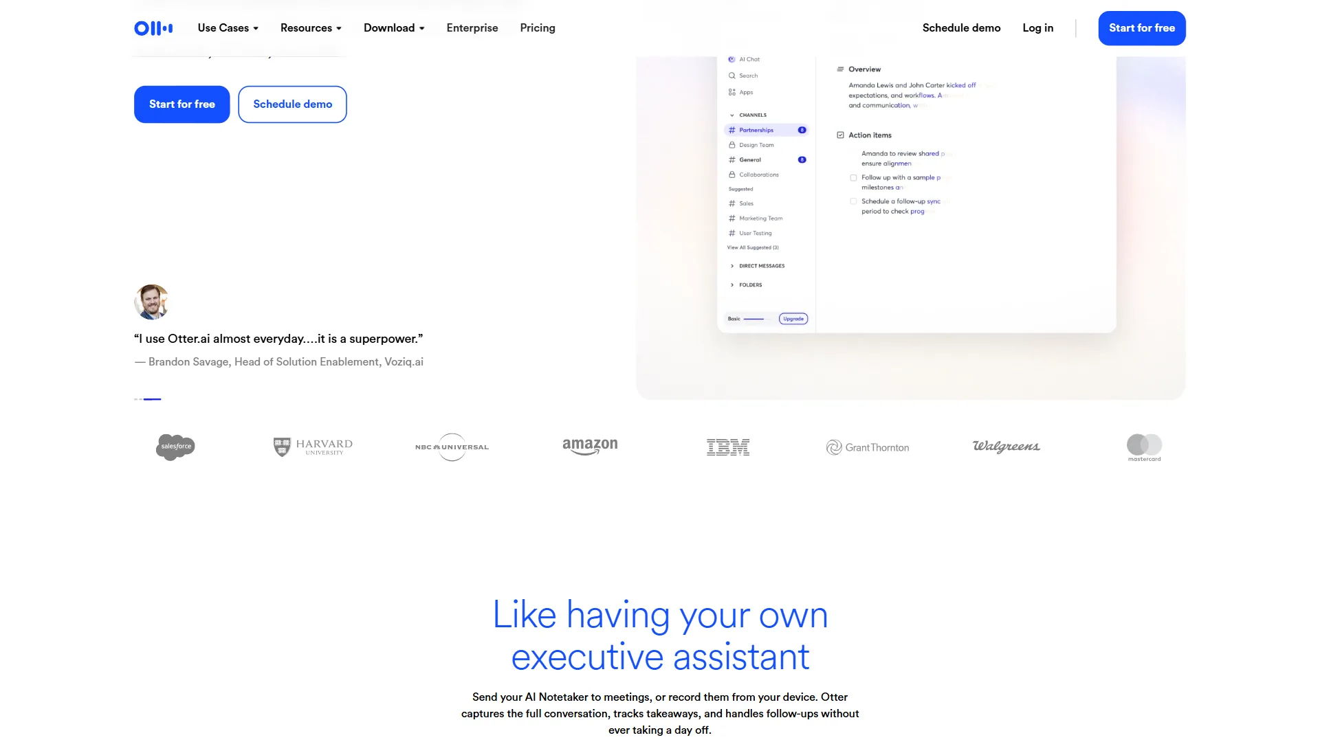 Otter.ai interface showing real-time meeting transcription with speaker identification and AI summary