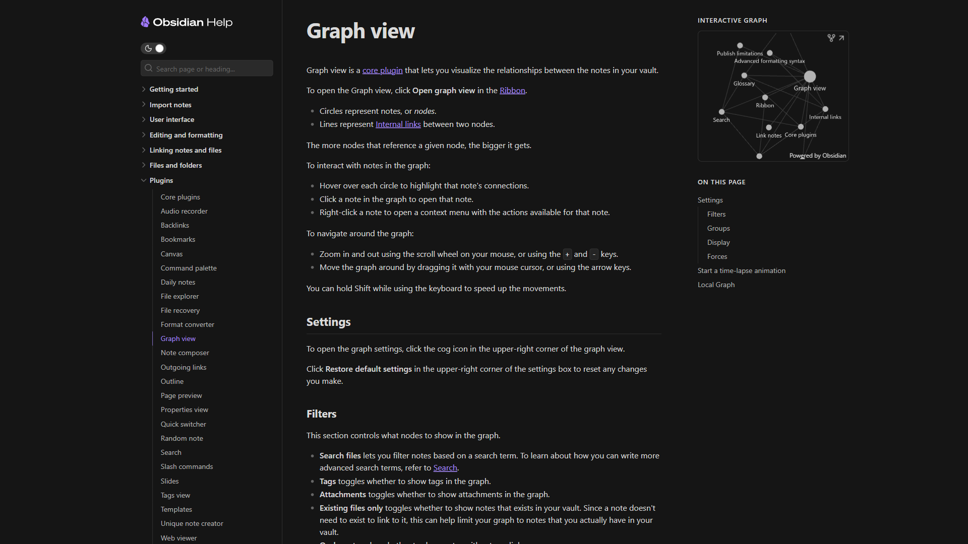 Obsidian Help documentation showing the Graph view page with an interactive graph visualization of linked notes, sidebar navigation, and filter settings