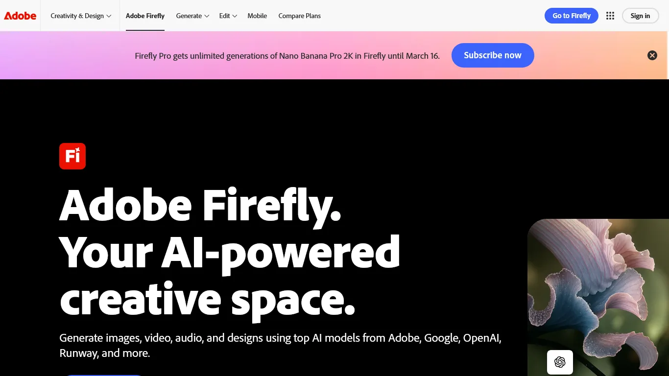 Adobe Firefly creative interface showing AI-powered image generation and editing capabilities