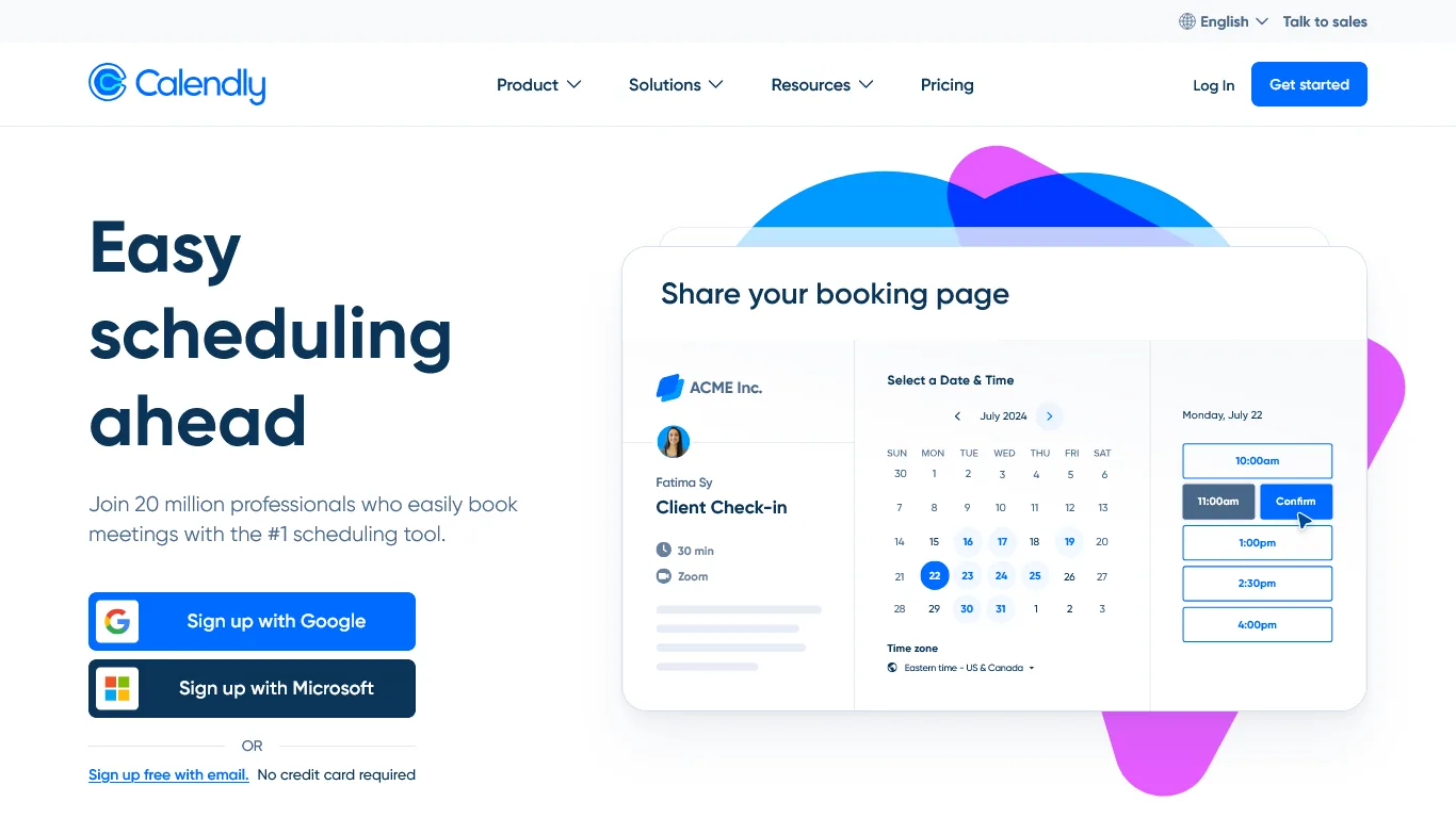 Calendly homepage with Easy scheduling ahead headline and a sample Client Check-in booking page with calendar and time slots