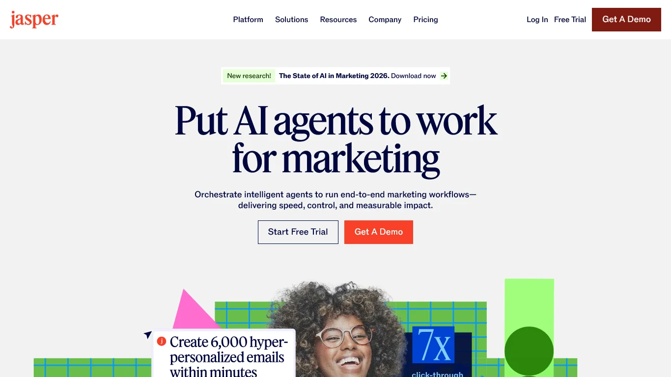 Jasper homepage with headline Put AI agents to work for marketing and Start Free Trial and Get A Demo buttons