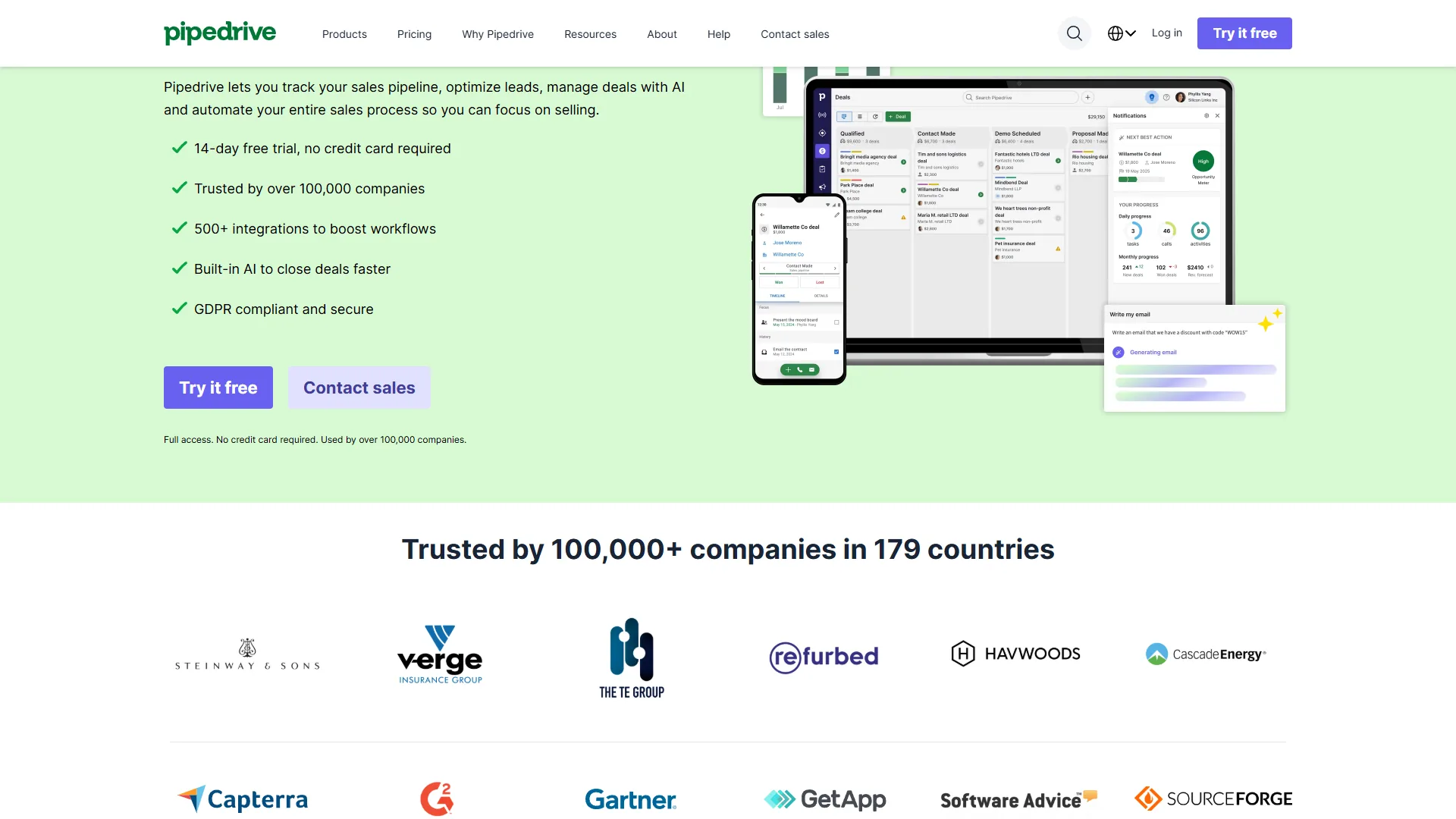 Pipedrive homepage featuring sales pipeline preview on desktop and mobile with trusted-by logos