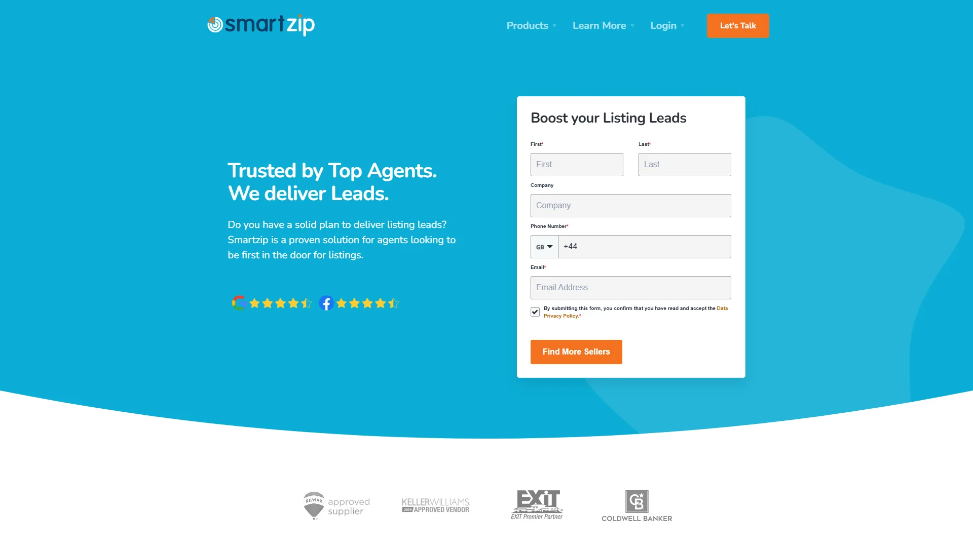 SmartZip homepage with Trusted by Top Agents heading, lead capture form, and real estate brand logos