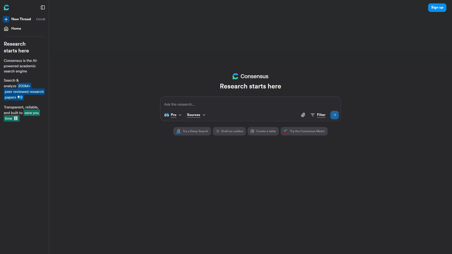 Consensus search page with query bar, Pro and Sources filters, and quick-action buttons