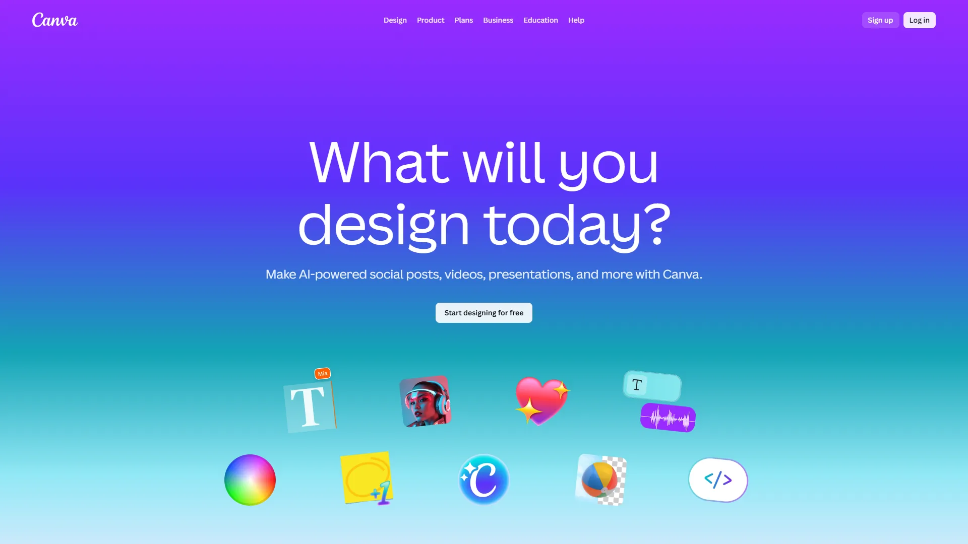 Canva homepage featuring 'What will you design today?' with AI-powered design tool icons