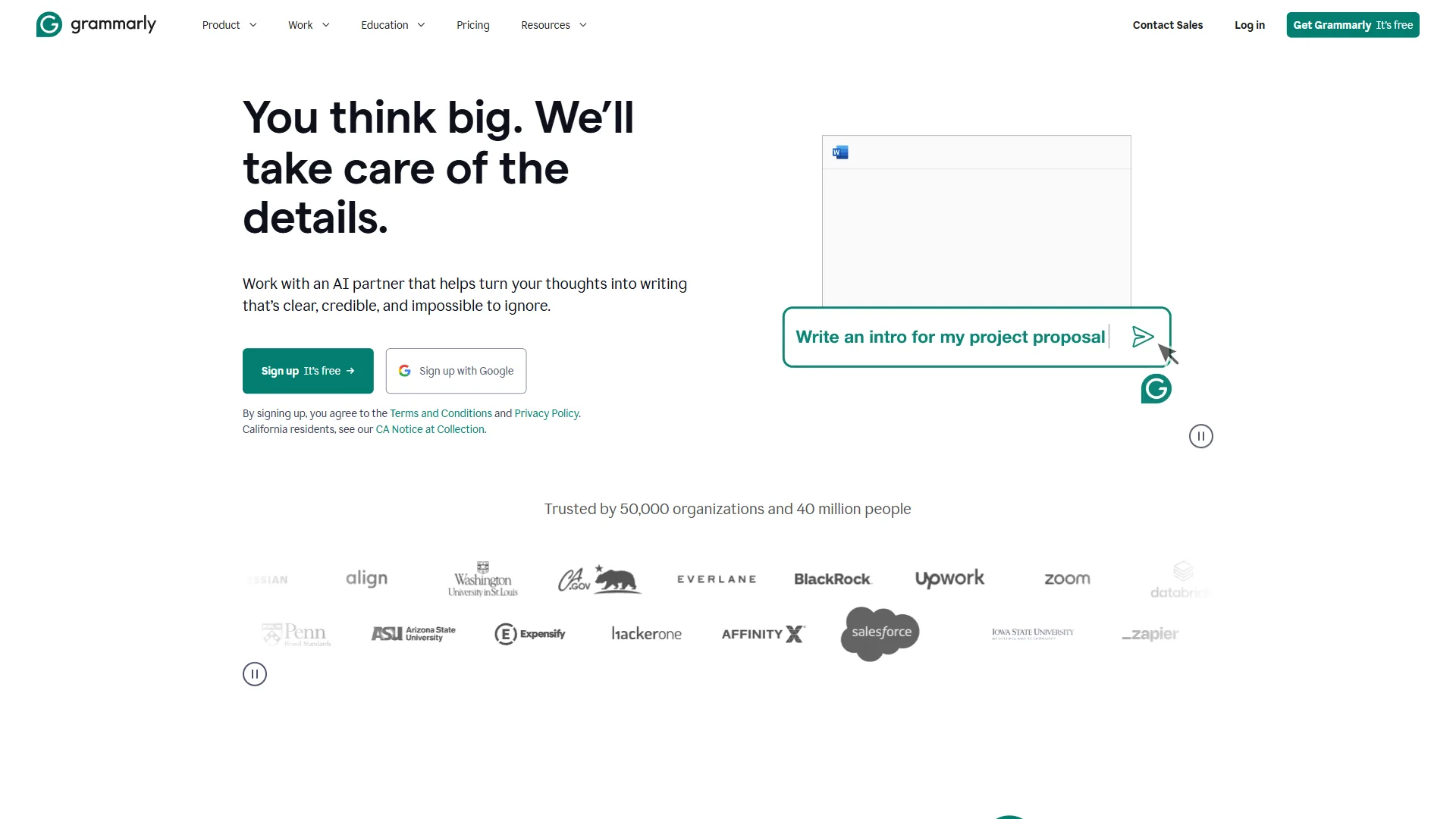 Grammarly homepage featuring 'You think big. We'll take care of the details.' with AI writing demo
