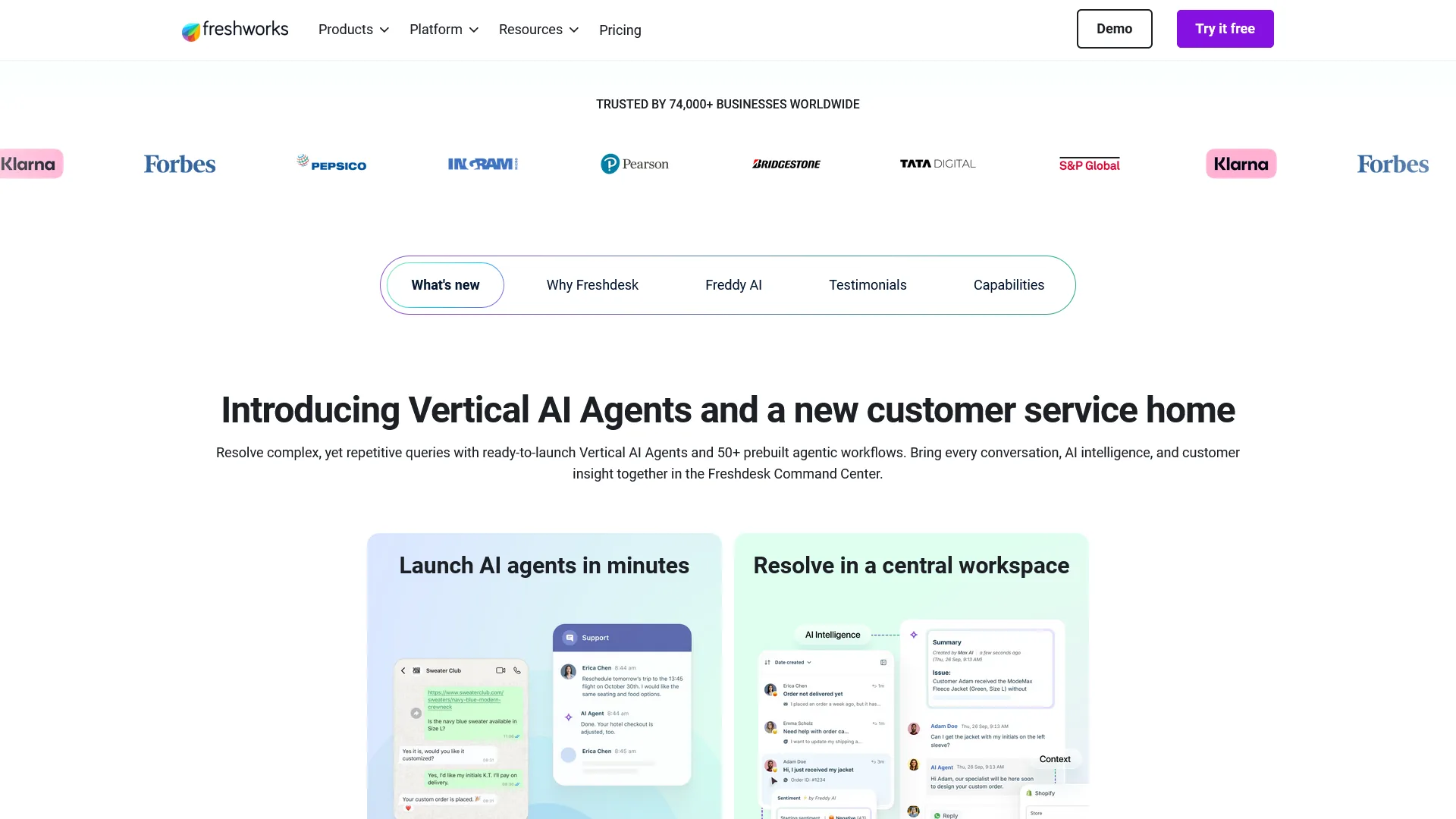 Freshdesk homepage featuring Vertical AI Agents and customer service home with Freddy AI capabilities