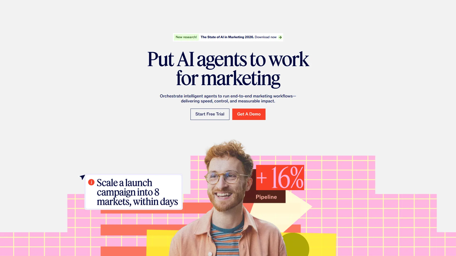 Jasper homepage with Put AI agents to work for marketing heading, pink grid collage, and pipeline stat