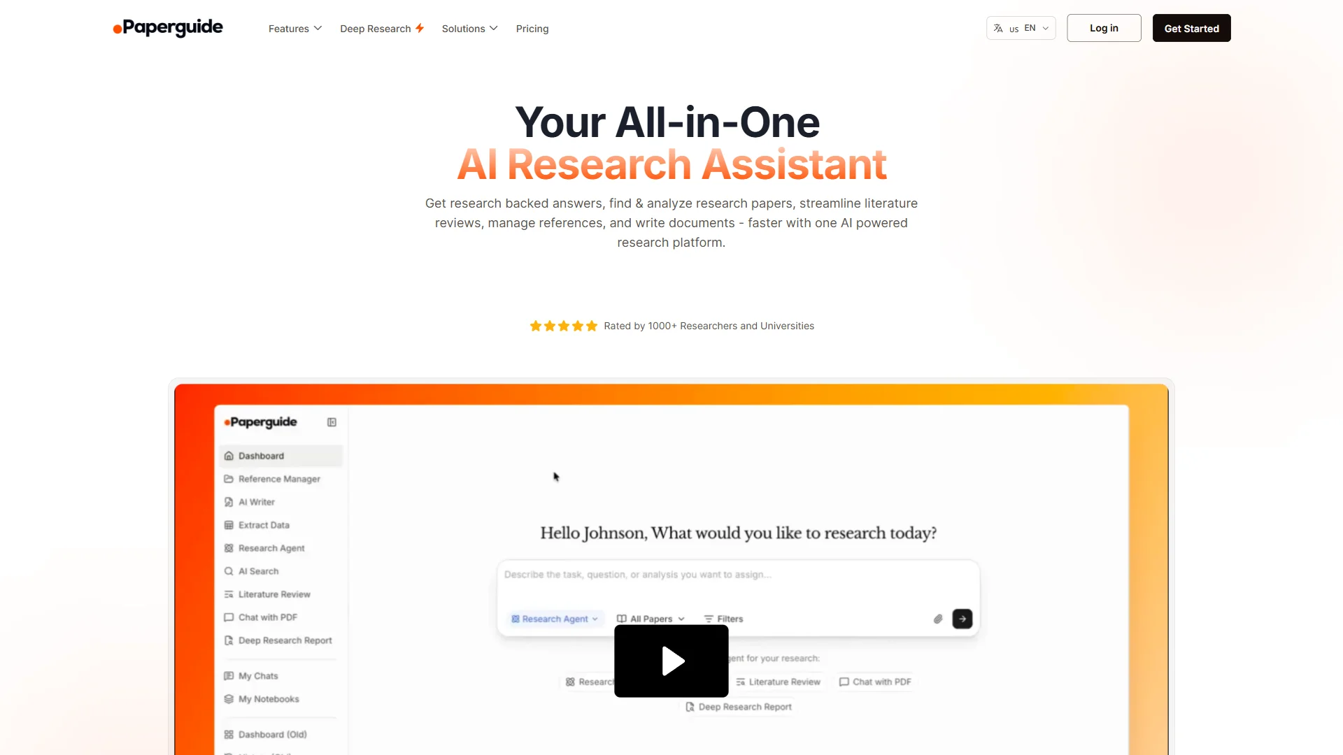 Paperguide AI research assistant showing literature search and academic writing features