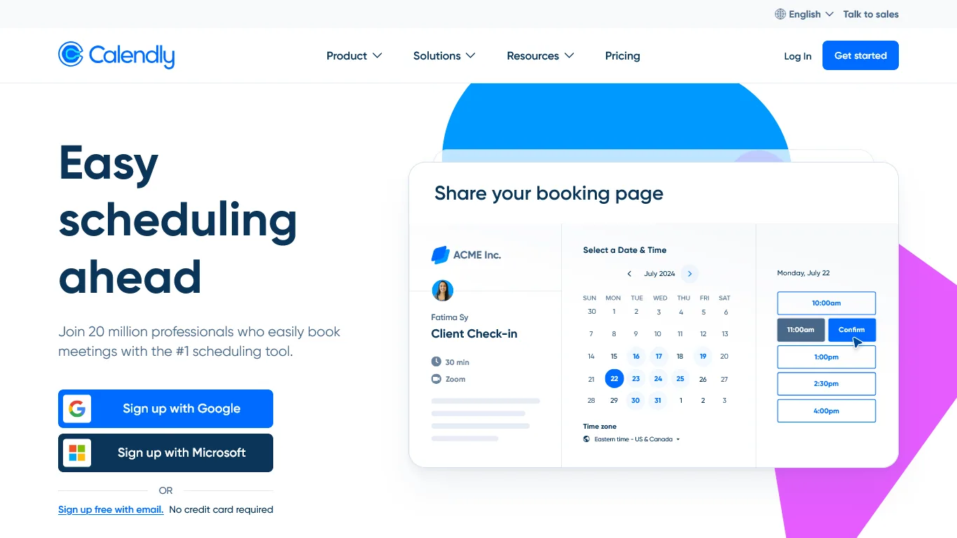 Calendly homepage with 'Easy scheduling ahead' headline and a sample booking page with calendar dates