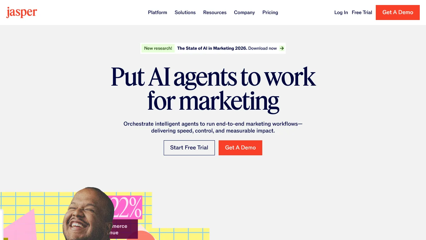 Jasper homepage with headline 'Put AI agents to work for marketing' and Start Free Trial button