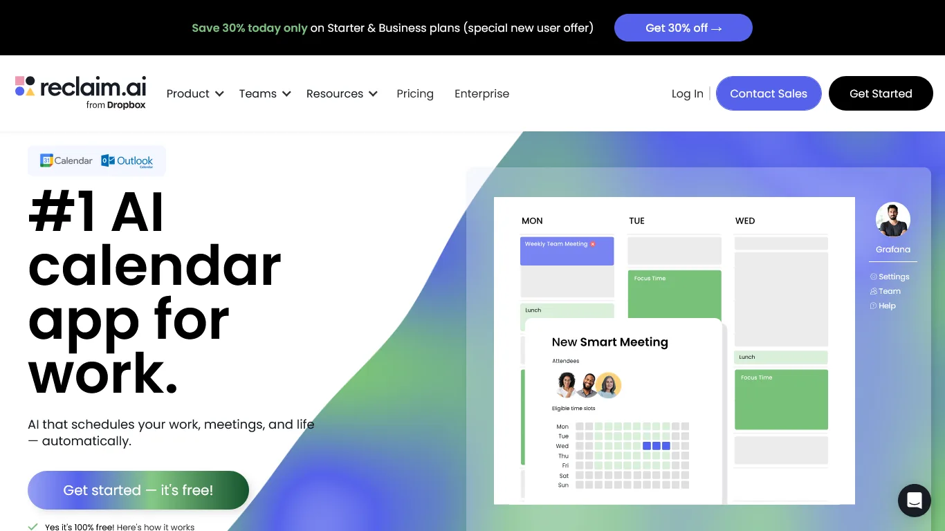 Reclaim.ai homepage with '#1 AI calendar app for work' headline and a weekly calendar with Smart Meeting UI