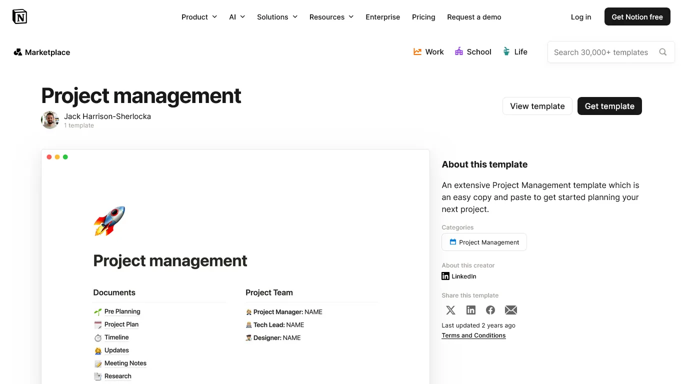 Notion Marketplace listing for a project management template with documents and team role fields