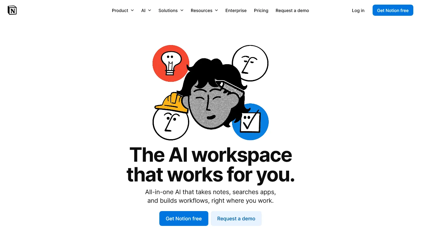 Notion homepage hero with illustrated characters and The AI workspace that works for you tagline