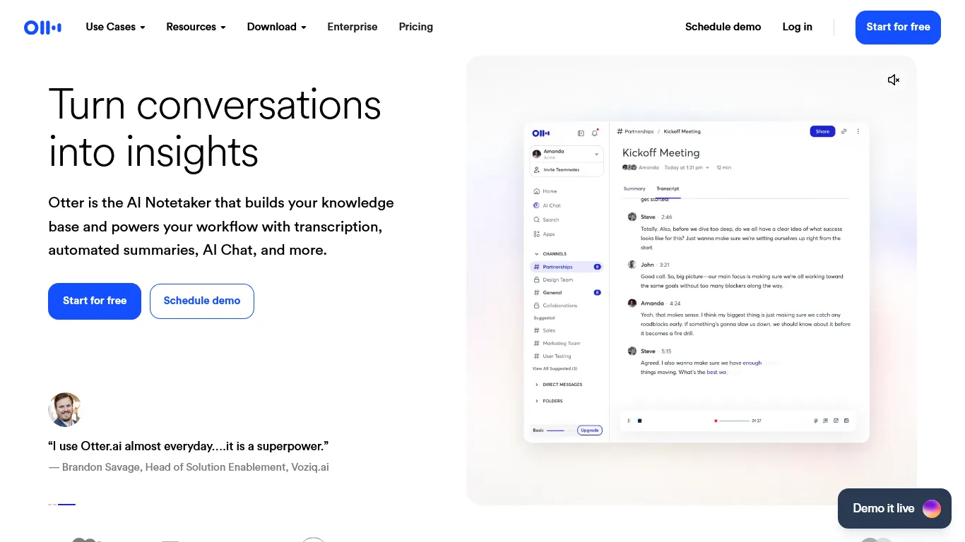 Otter.ai interface showing live transcription and meeting summary features