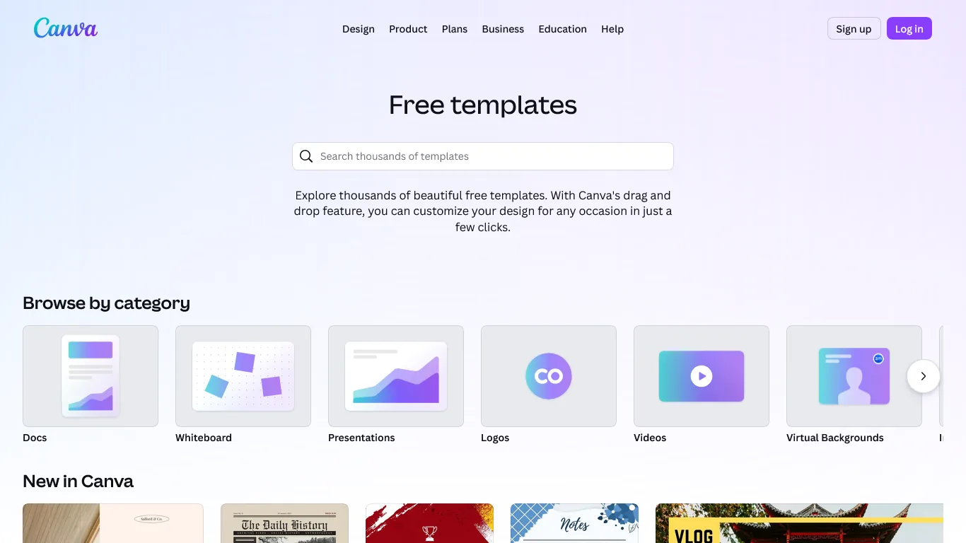 Canva free templates page with search bar and category cards for Docs, Whiteboard, and more