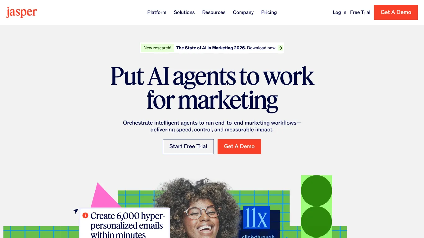 Jasper homepage with Put AI agents to work for marketing headline and Start Free Trial button