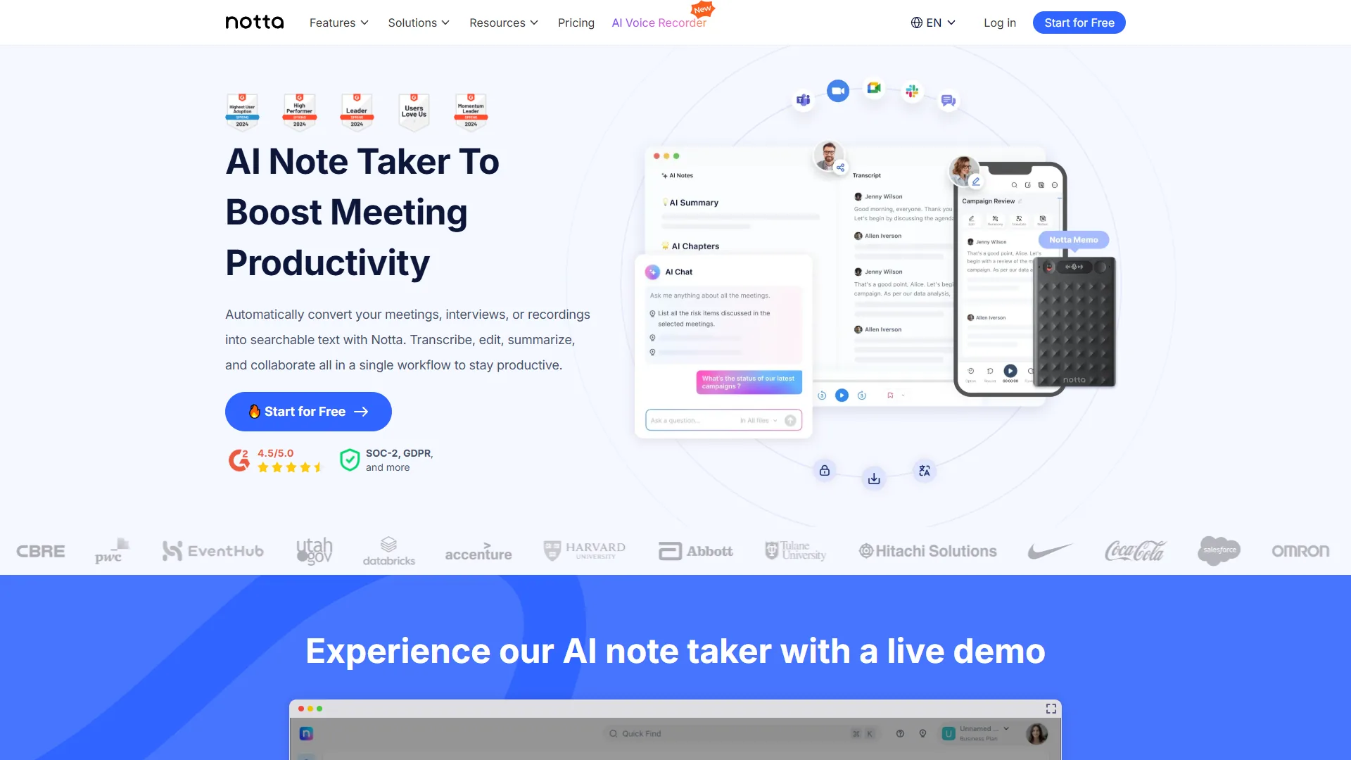 Notta AI transcription interface showing real-time speech-to-text with speaker identification