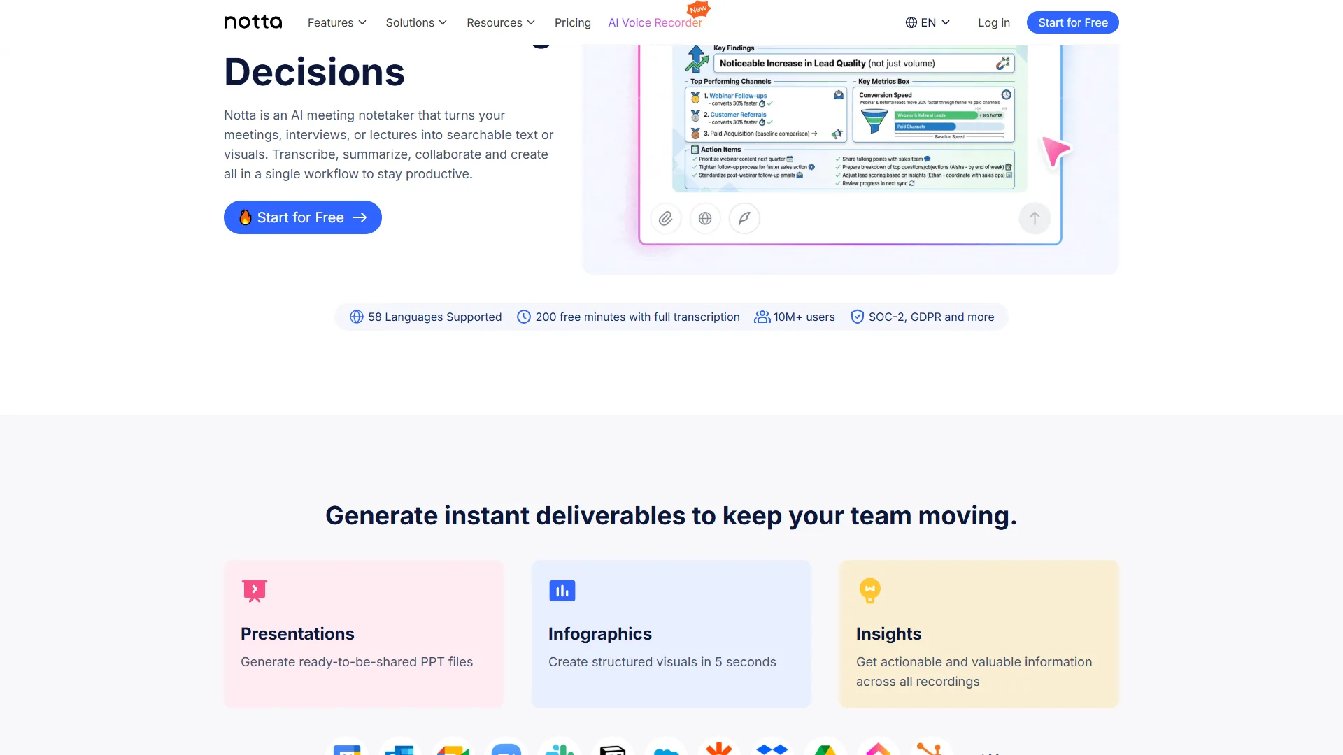 Notta homepage showing its AI meeting notetaker with a transcription preview, 56 languages supported badge, and deliverable options for presentations, infographics, and insights