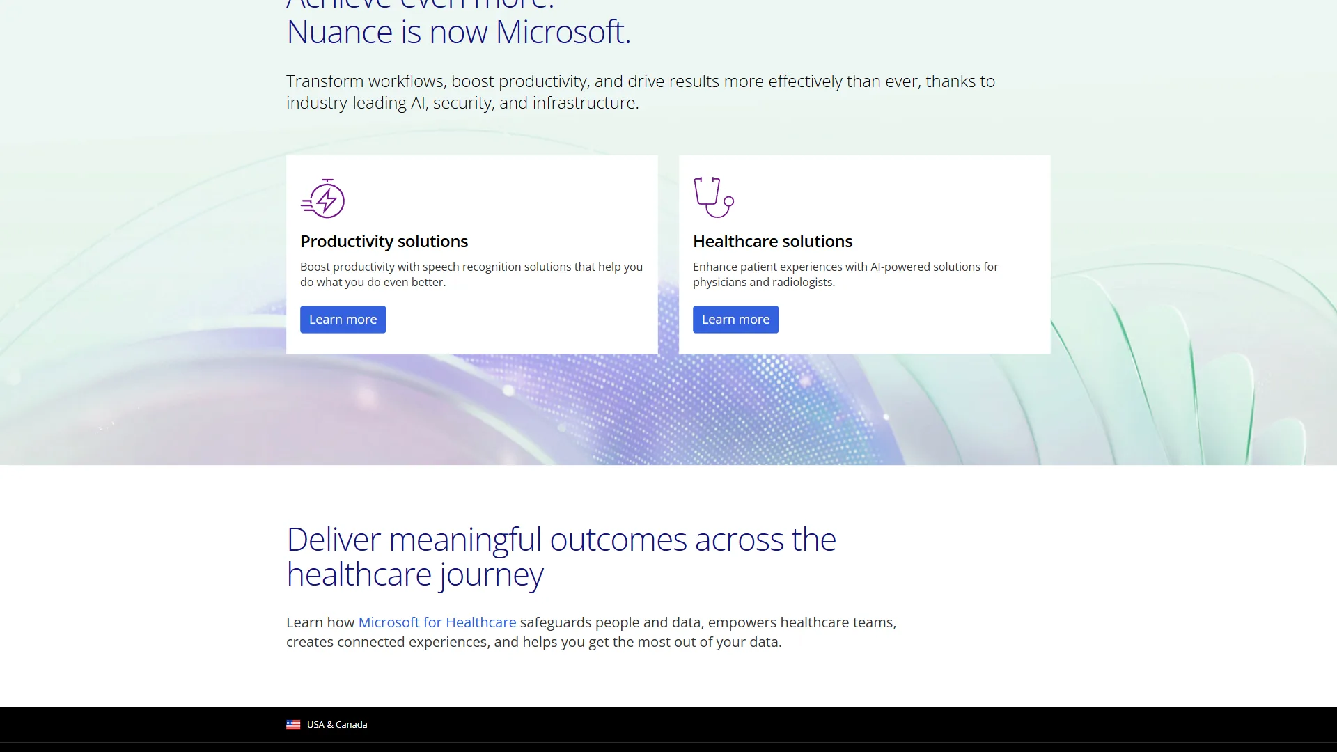 Nuance Dragon page showing Productivity solutions and Healthcare solutions cards under the banner Nuance is now Microsoft
