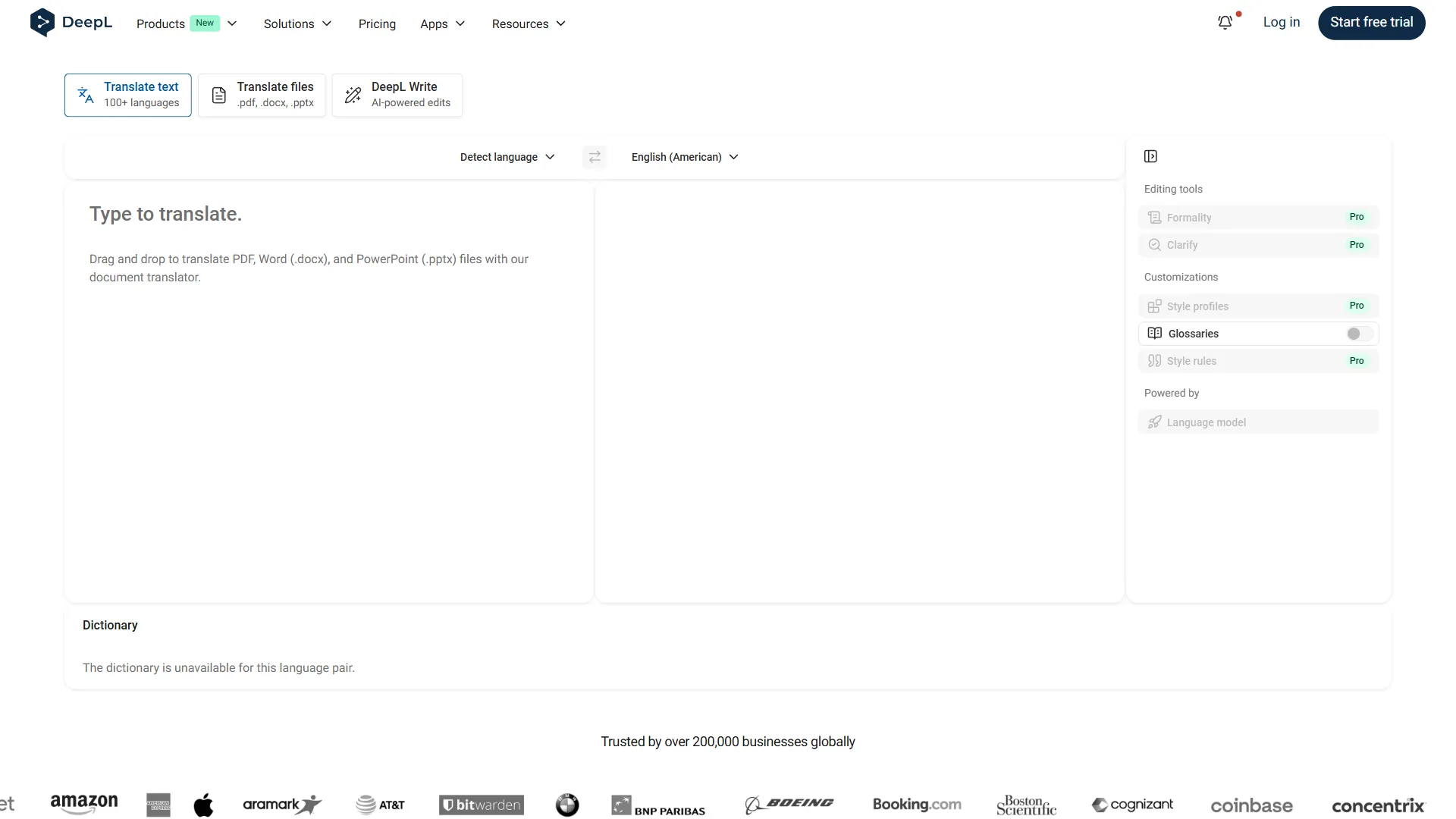 DeepL web translator with empty input field, language selector, and Pro editing tools on the right