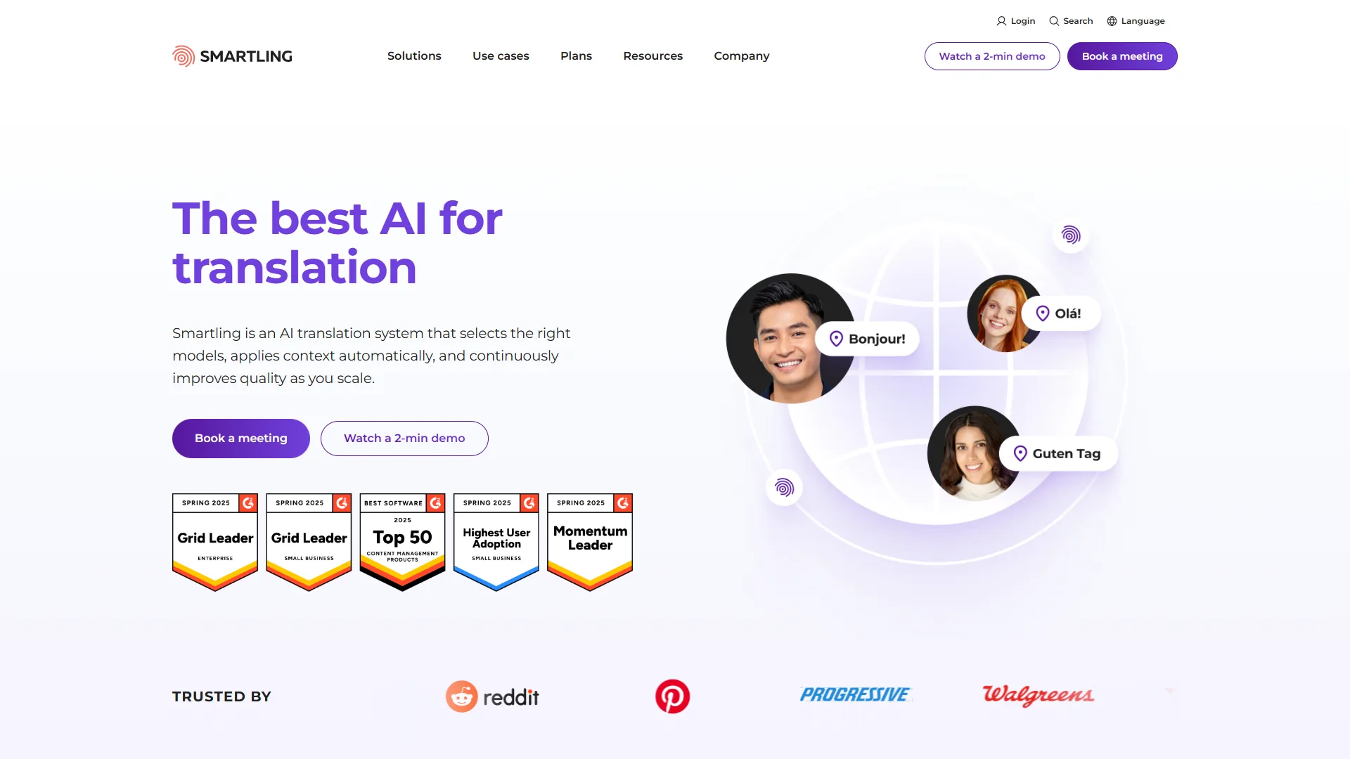 Smartling homepage with 'The best AI for translation' headline, speech bubbles, and industry award badges