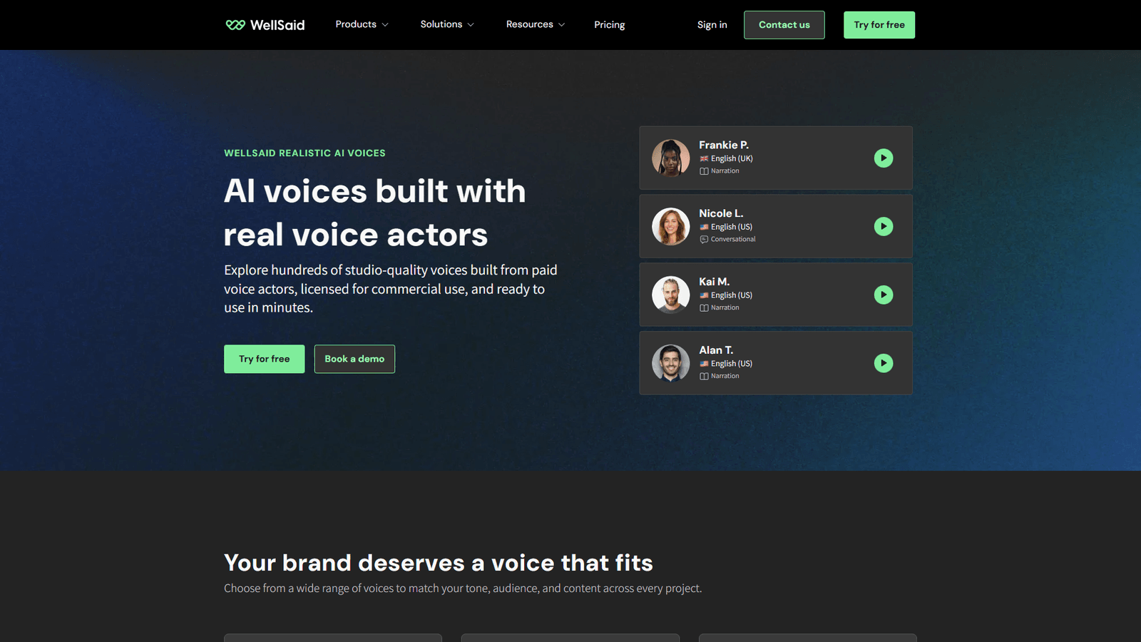 WellSaid Labs voice library interface showing voice selection options