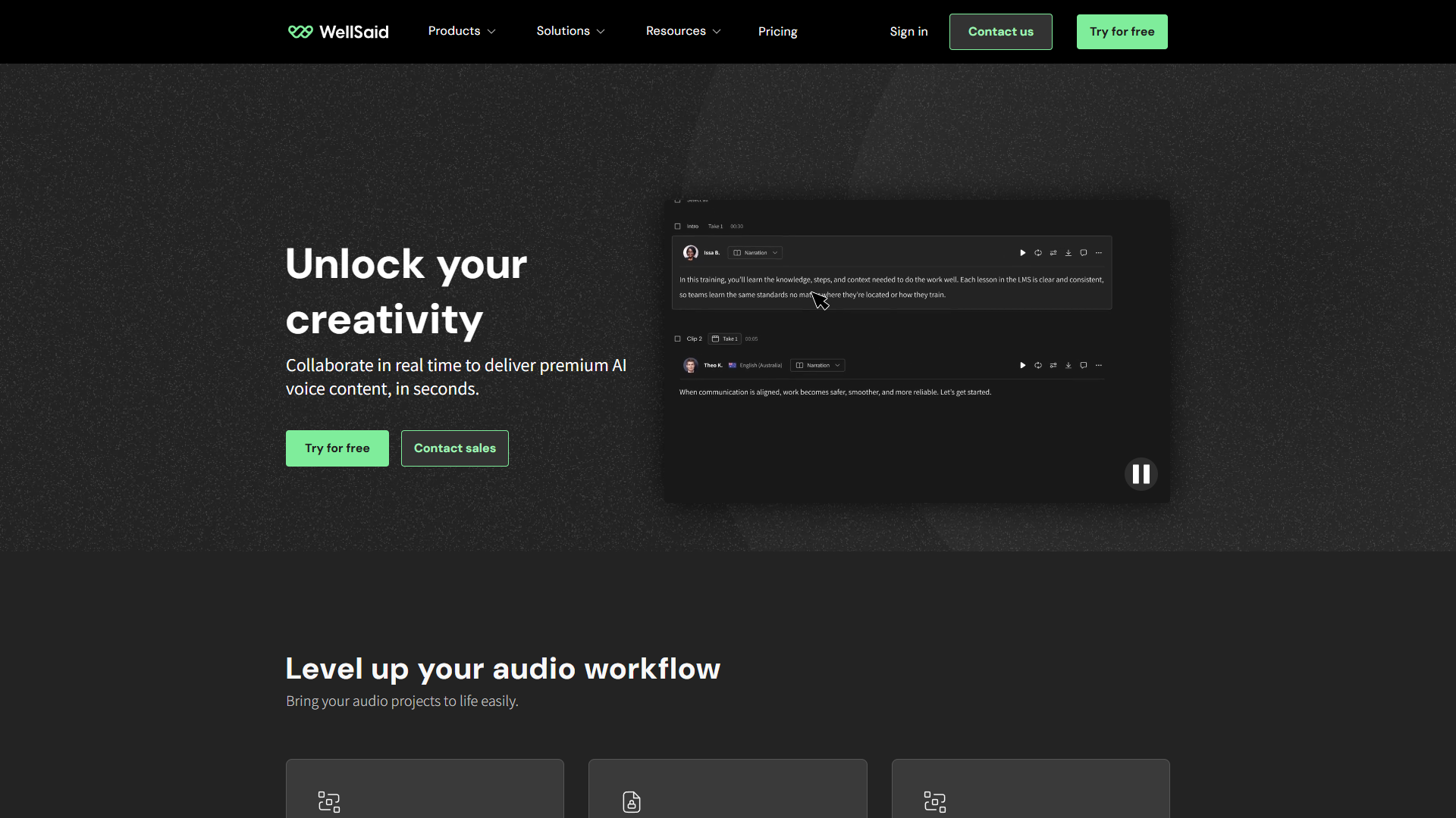 WellSaid Labs Studio interface with AI Director controls and waveform editor