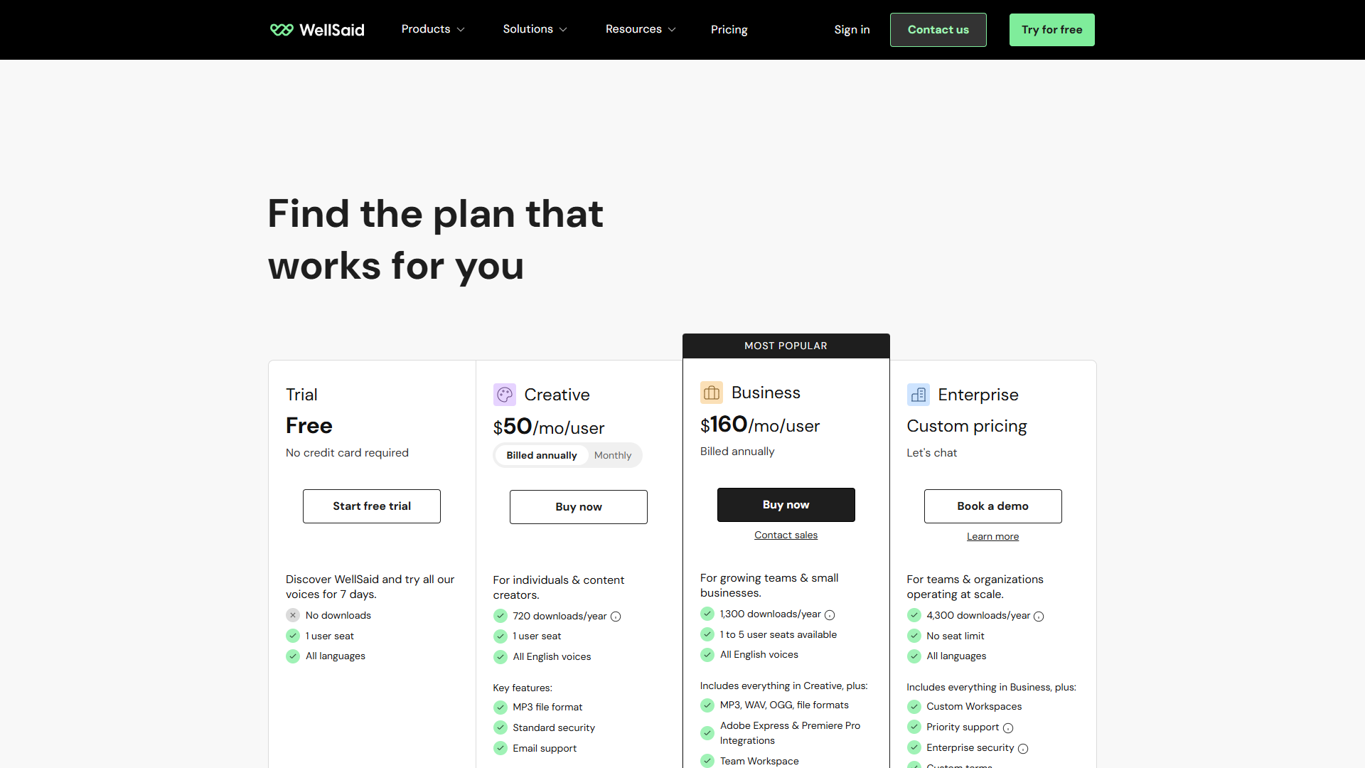 WellSaid Labs pricing tiers showing Creative, Business, and Enterprise plans