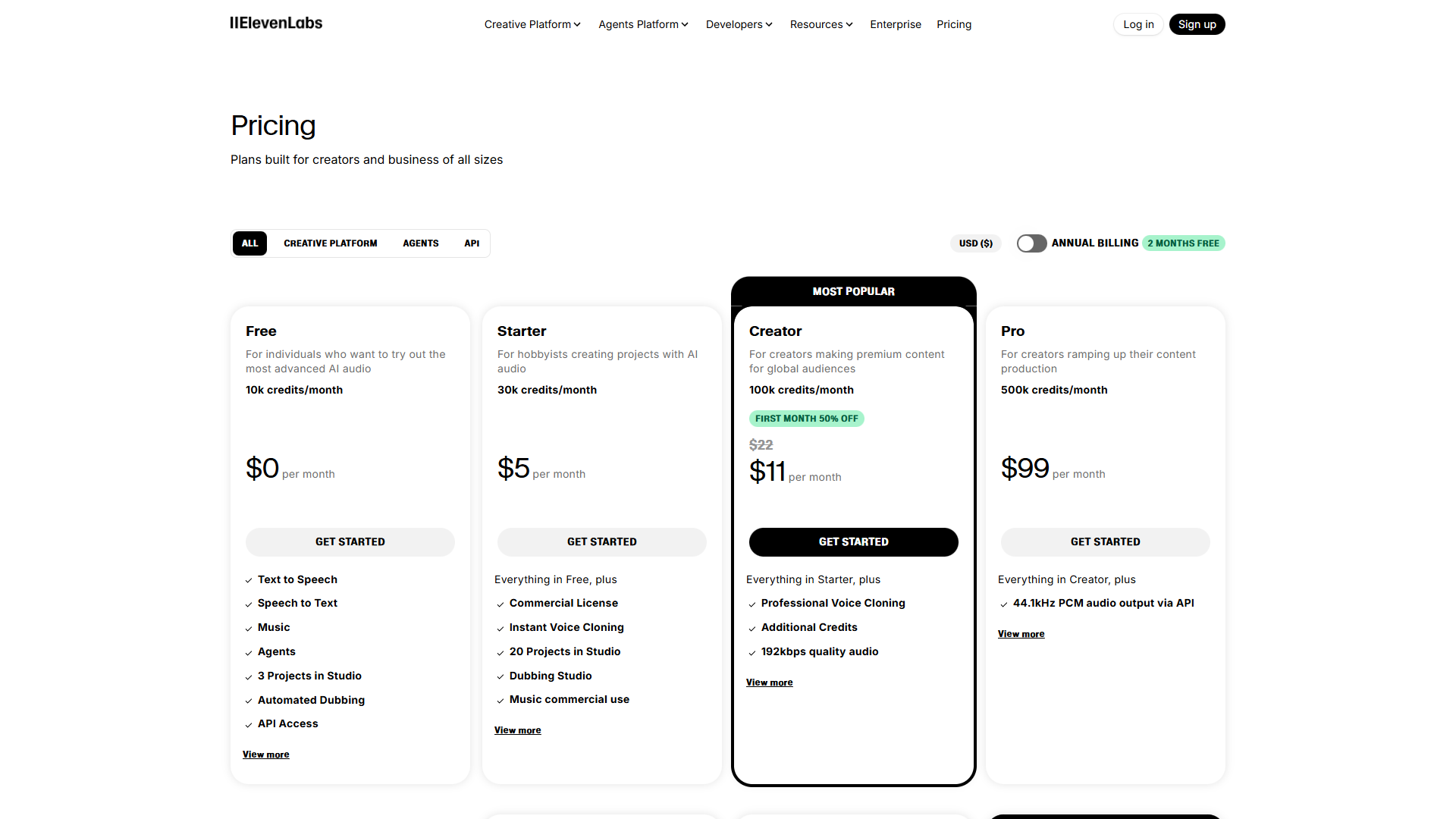 ElevenLabs pricing tiers showing character limits and voice cloning features