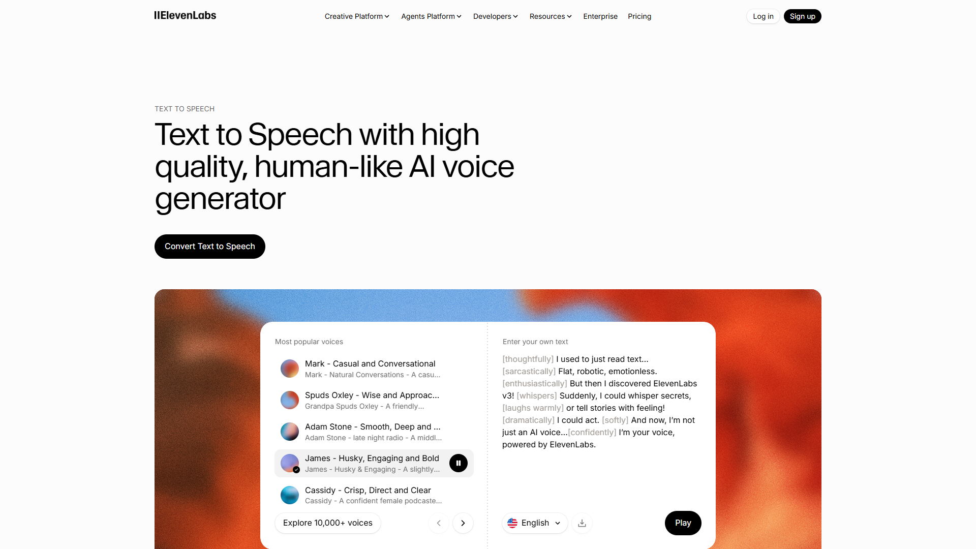 ElevenLabs voice generation interface showing text input with emotional tags